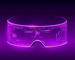 Neon techno glasses. Futuristic purple cyberpunk digital devices for online travel and video viewing. vector