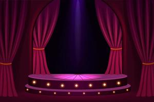 Illuminated stage in concert hall template. Festive show in trendy club with velvet curtains and platform lights vintage presentation in vector theater