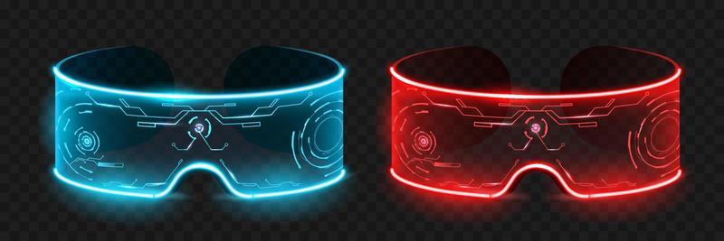 Techno cyberspace glasses. Futuristic blue cyberpunk digital devices for red online travel and video viewing with built in camera.