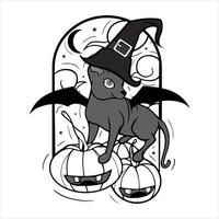 Cute black winged cat wearing a witch hat. Perfect for your Halloween design elements. vector