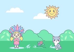 Indian child with kitten on summer anime lawn illustration. Joyful cartoon child with colored feathers headdress playing with happy cat. vector