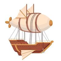 Flying ship airship. Futuristic ship with wings and balloon in technopunk style wooden hull with portholes and anchor balloon is fixed with vector chains hinged cartoon ladder.