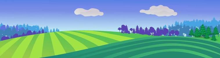 Striped green meadows. Natural summer landscape with farm fields and forest. vector