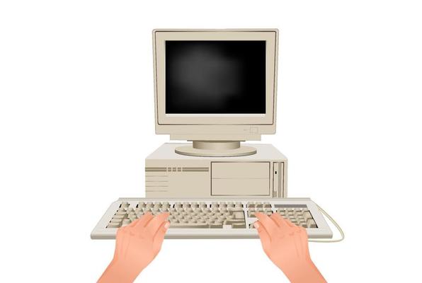 Hands are typing on computer keyboard. Online workplace behind retro pc stylish equipment for modern web work communication business vector marketing use.