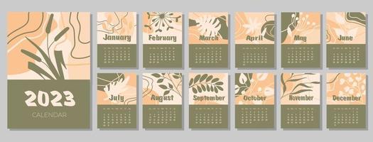 Calendar 2023 with abstract plants. Week starts on Sunday. vector