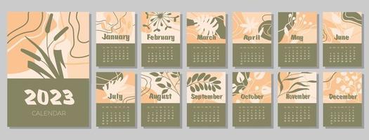 calendario 2023 con plantas abstractas. semana comienza el domingo. vector