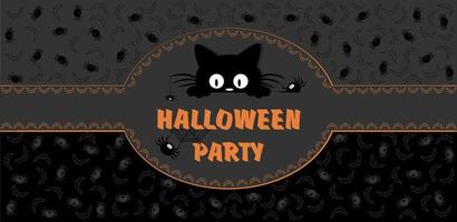 Happy Halloween party invitation with spiders, web, bats and black kitten. vector