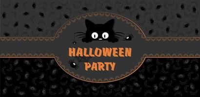 Happy Halloween party invitation with spiders, web, bats and black kitten. vector