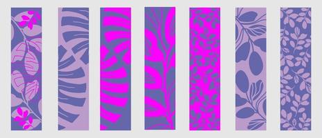 Set of vector bookmarks. Abstract leaves, branches and tropical plants. Design in trendy colors 2022