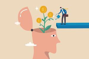 Financial mindset for investor to growing profit, rich mindset or knowledge to grow business, psychology or knowledge for investment concept, businessman watering plant with money from human head. vector