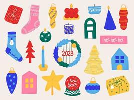 año nuevo establece elementos navideños en estilo dibujado a mano. iconos aislados, pegatinas para el diseño de folletos, invitaciones. vector