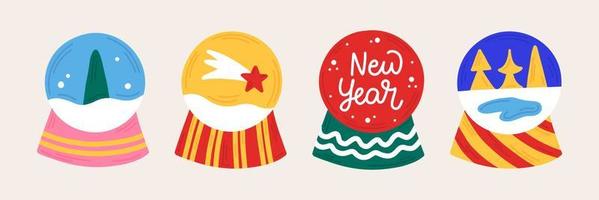 año nuevo poner bolas de nieve de navidad en estilo dibujado a mano con adorno. iconos aislados, pegatinas, elementos para el diseño de folletos, postales, carteles, invitaciones. vector