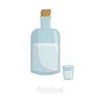 Bottle closed with a stopper with alcohol and a stack. Illustration of alcoholic drinks. Symbol of celebration, anniversary. Vector isolated on white background.