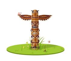 Totem fantastic birds on lawn illustration. Ancient Native American wooden statue of mythical creatures ethnically painted in abandoned green vector glade.