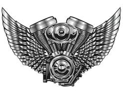 chrome vintage motorcycle engine logo with angel wings vector
