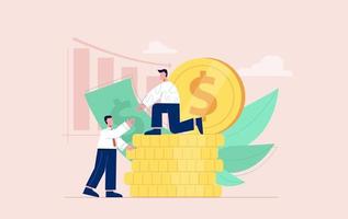 Man on coin stack taking hand to business male vector flat illustration