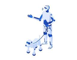 Robot walks robops isometric.. Robotic illustration humanoid white cyborg robopes help technologies future artificial intelligence guard of order help fantastic vector communication friendly.