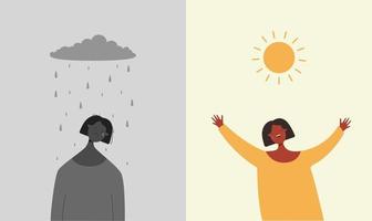 el sol es feliz lluvia ilustración triste. el personaje está triste cuando llueve y el clima depresivo se regocija cuando el sol brilla intensamente dos opuestos planos bipolares cambios de humor vectoriales psicológicos.
