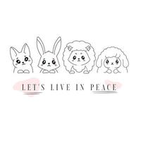 Lets live in peace with cute cartoon animals. Hare and anime sheep ask for calm life with glance hedgehog and fox express sketch hope. vector