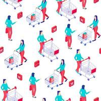 People with trolley in store isometric seamless pattern. Female character in green tshirt and red pants carrying metal cart. vector