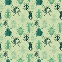 Seamless color Outline Of An Insect Beetle. A pattern with beetles in green colors on a green background. vector