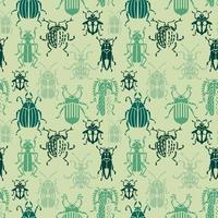 Seamless color Outline Of An Insect Beetle. A pattern with beetles in green colors on a green background. vector