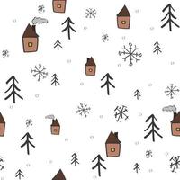 Seamless pattern with the image of Santa, houses, forest elements and hand-drawn figures. Baby texture. Great for vector illustration of fabric, textiles