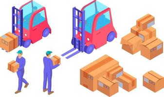 Delivery preparation process isometric. Warehouse workers blue uniform prepare boxes loading courier. vector