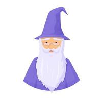 Ancient wizard avatar. Wise magician with thick gray beard and blue cap and toga. vector