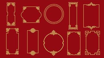 Set of various traditional golden china frame isolated on red background. Collection of different chinese retro border vector flat illustration. Yellow vintage decorative corner