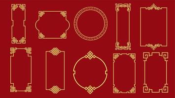 Set of various traditional golden china frame isolated on red background. Collection of different chinese retro border vector flat illustration. Yellow vintage decorative corner