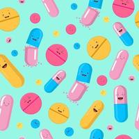 Funny pills seamless pattern. Red yellow cute smiling medicines pink blue antibiotic capsules fighting infections and viruses vector human health pharmaceutical kit.