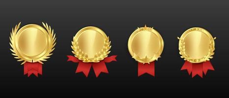 Gold cartoon award medal with red ribbon set isolated on black background. Glossy prize symbol of victory with decorative design element and empty place for text vector graphic illustration