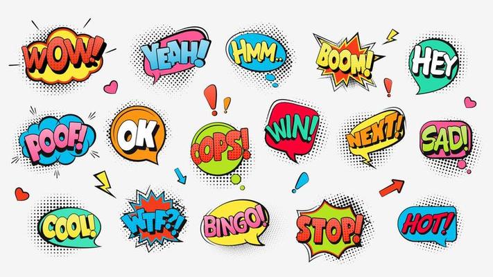 Comic book text speech bubbles. Funny explosive cloud banners with shouts warnings stylish comic design.