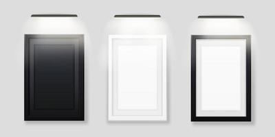 Photo frames with led backlit template. Black and white blank picture with illuminated lamp from top vector