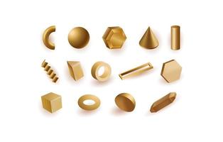 Gold geometric shapes set. Square balls with semicircles and with metal stripes and rectangular frames. vector