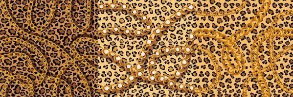 Leopard tracery with gold chains and pearls seamless pattern. Puma yellow spots with black jaguar scheme outlines in cheetah vector color.