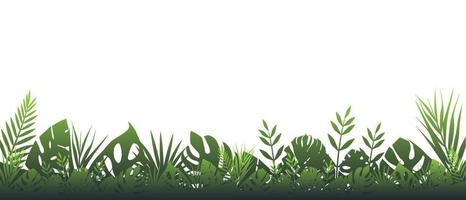 Dark green fern background. Horizontal decoration rainforests in cloudy wet weather floral botanical background elegant green fern leaves wild natural lawn in rays setting vector sun.