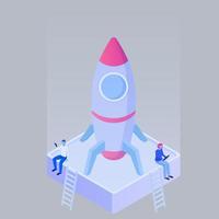 Preparation rocket for takeoff startup isometric. Couple with laptop smartphone are sitting near rocket last check. vector