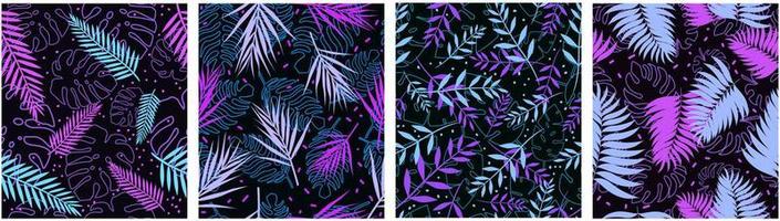 Fern pattern futuristic seamless set. Violet blue tropical leaves swirl in whirlpool of wind exotic floral vintage ornament in fantasy style ornamental botanical vector design.