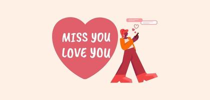 Miss you love you poster. Romantic message in shape red heart and character with smartphone beautiful and sad confession. vector