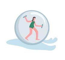 A woman engaged in zorbing. The concept of a zorbonaut in extreme amusement, descent from the mountain in an inflatable ball zorb, fashionable, active sports fun. vector