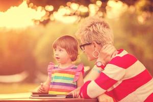 mom and her little daughter using tablet computer photo