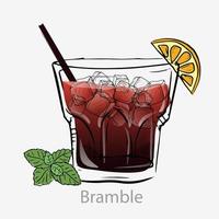 Bramble cocktail. All day alcoholic cocktail based gin blackberry liquor lemon juice sugar syrup slice lemon crushed ice in old-fashioned vector glass with straws, category drinks new era.