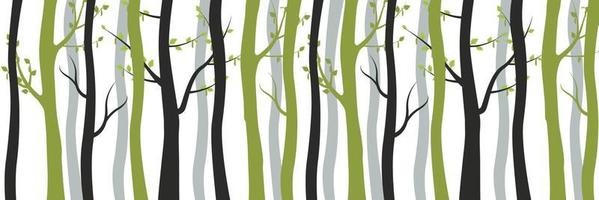 Green and withered black trees in forest background. Slender young birches with blossoming leaves and old dead trunks intertwined. vector