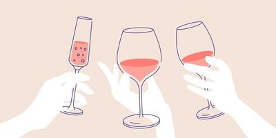 Outline drawing, cheers. Women s hand holding glass of white, red and sparkling wine. Flat illustration for greeting cards, postcards, invitations, menu design. Line art template