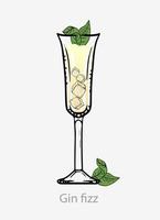 cóctel de gin fizz, cóctel amarillo con cubitos de hielo hoja de menta ginebra a base de alcohol digestivo jarabe de azúcar jugo de limón soda se sirven inolvidables vasos vectoriales con hielo. vector