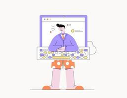 personaje en la vida real y en la ilustración de las redes sociales. La realidad moderna es elegante y segura en su página web. vector