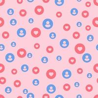 Likes for blogger seamless pattern. Red hearts and blue avatars on pink background social audience ad marketing content optimization viral vector blogging mobile network search.