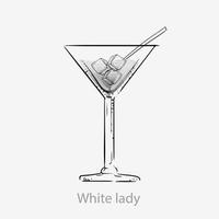 cóctel de dama blanca. cóctel blanco cubitos de hielo pajitas trago largo alcohol ginebra cointreau licor jugo de limón, servido en vaso de martini vector, categoría inolvidable. vector